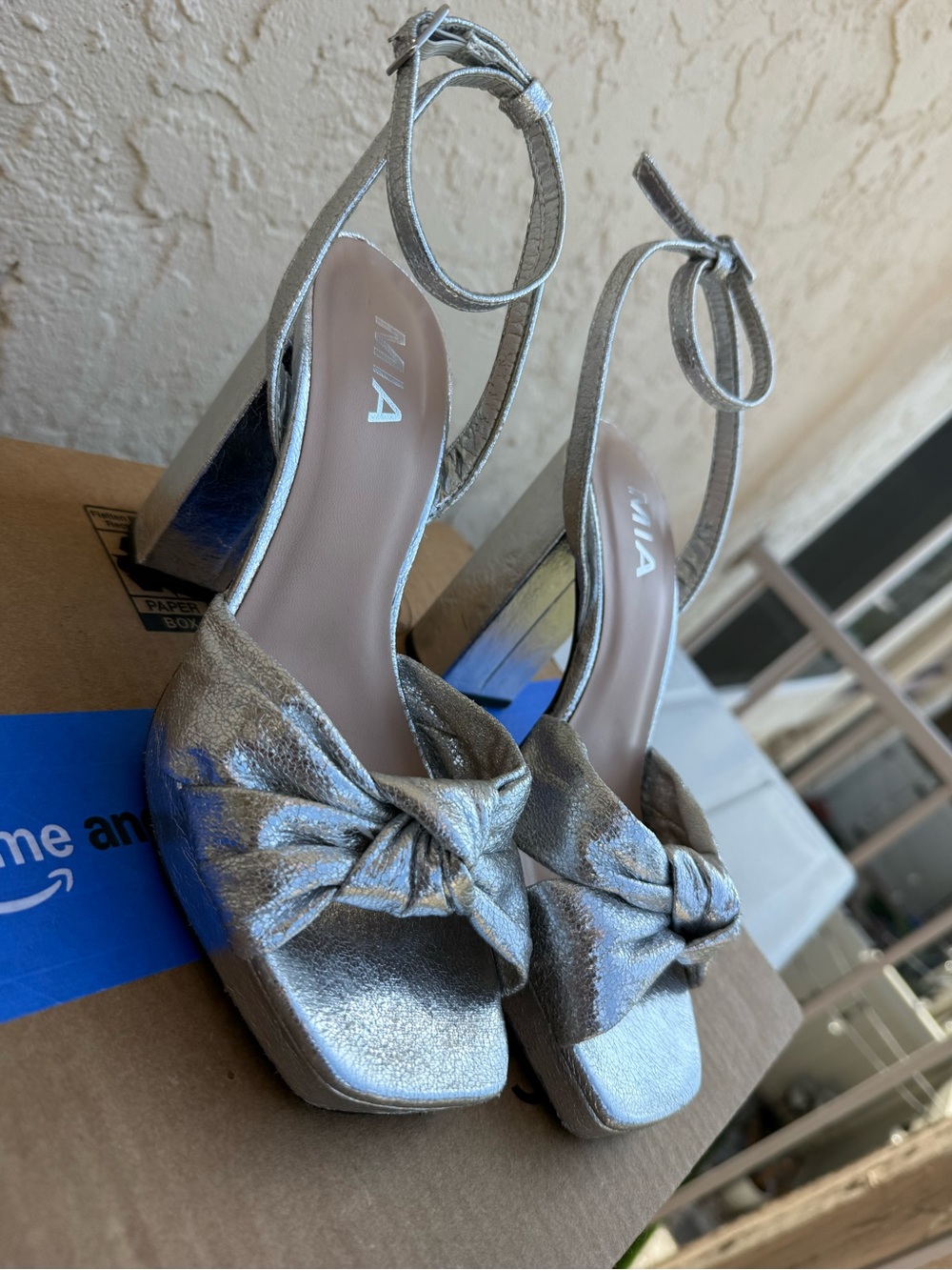 MIA Silver Metallic Knot Platform Heels with Ankle Strap
